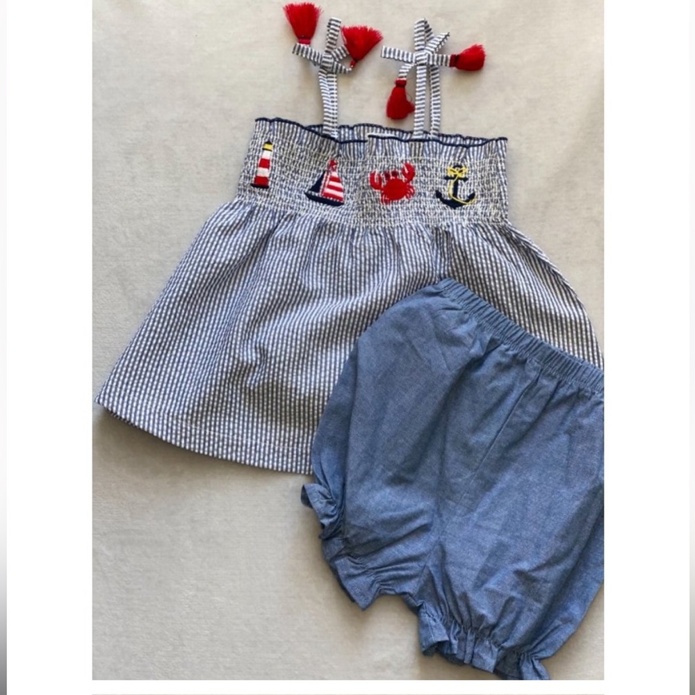 Mud Pie smocked set 2T/3T NWT beach USA boat crab anchor sailboat lighthouse